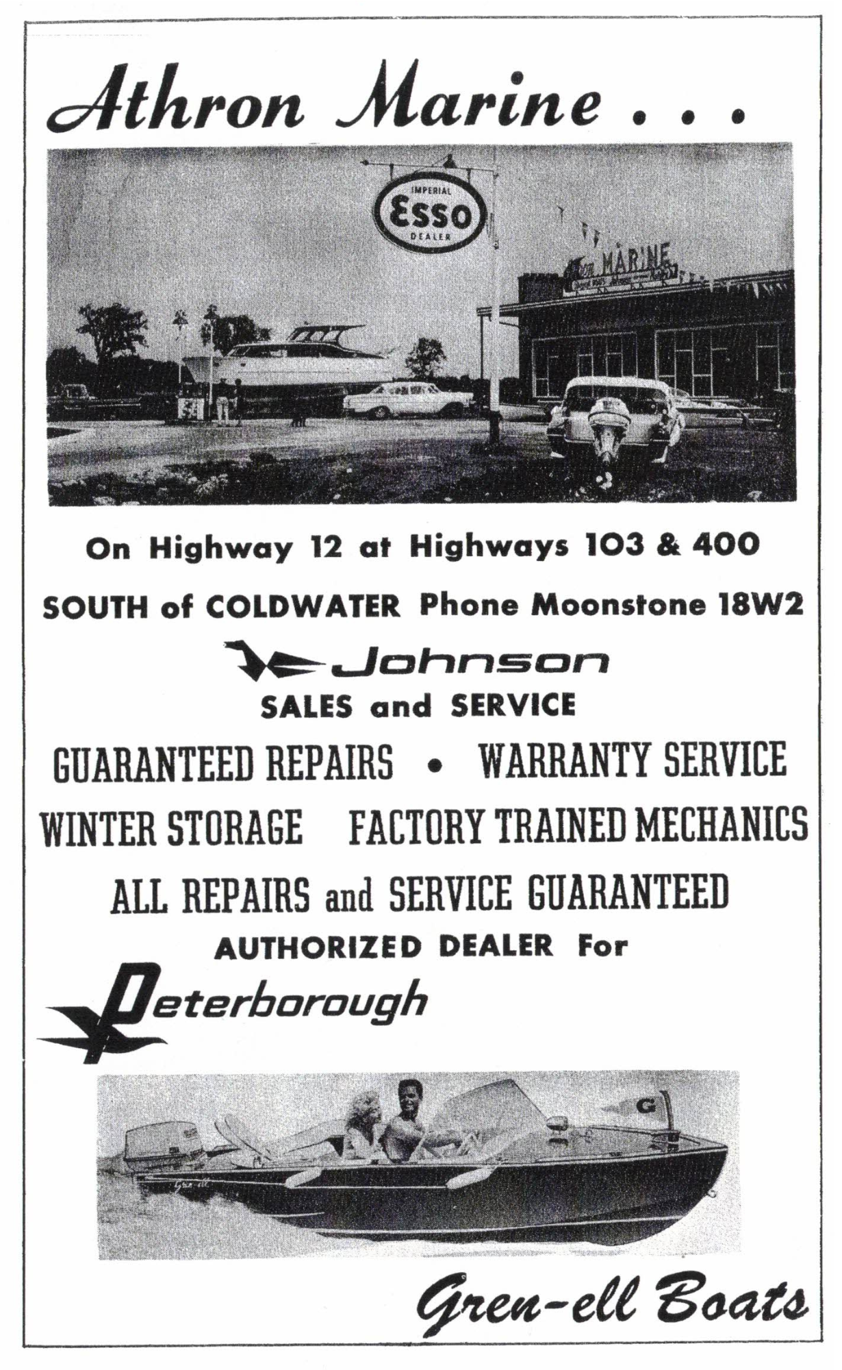 Black and white old newspaper advertisement titled OPENING SOON for Athron Marine with a photo of a building and text about Johnson Outboard Motors