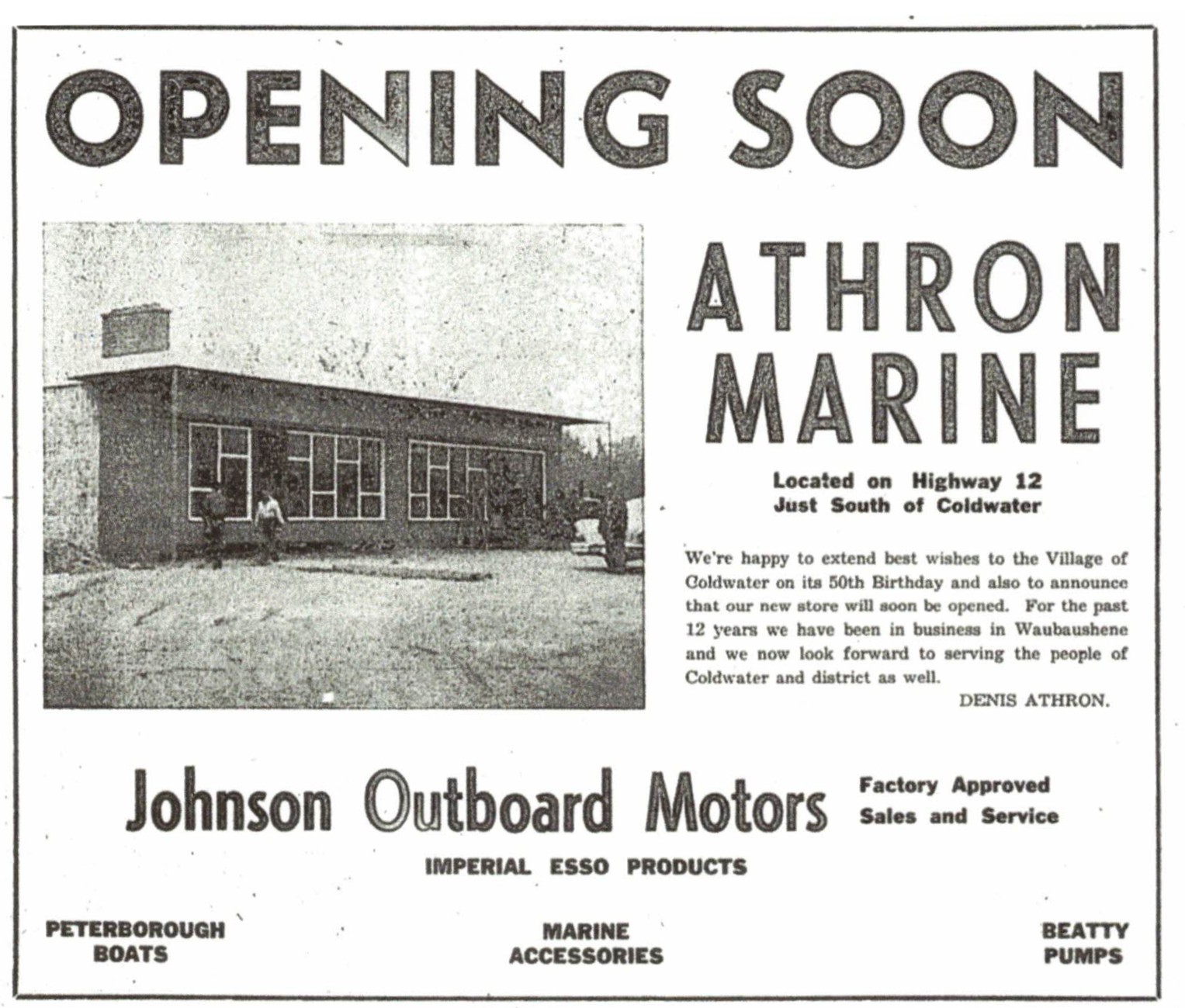 Black and white old newspaper advertisement titled OPENING SOON for Athron Marine with a photo of a building and text about Johnson Outboard Motors